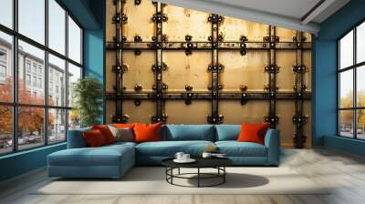 Glistening Golden Metal Grid Plate with Rivets in an Industrial Pattern Wall mural