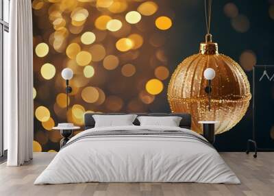 Glistening golden ornament suspended against a backdrop of enchanting shimmering bokeh lights Wall mural