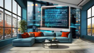 Global finance transformed by digital innovation, network connections, and cybersecurity in interconnected IT environments featuring screens of code and data protection measures Wall mural