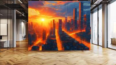 Glowing circuit cityscape at sunset, vibrant towers illuminated against an orange horizon, inspiring a sense of wonder and potential. Wall mural