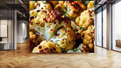 Golden brown roasted cauliflower florets seasoned with herbs and spices, featuring a delicious crispy texture and a touch of red pepper flakes for added spice Wall mural