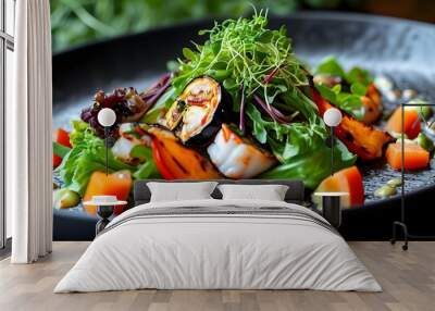 Gourmet salad featuring grilled vegetables and seafood, beautifully garnished with fresh microgreens Wall mural