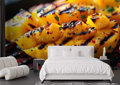 Grilled mango slices with vibrant grill marks and flavorful seasoning on a barbecue grill Wall mural