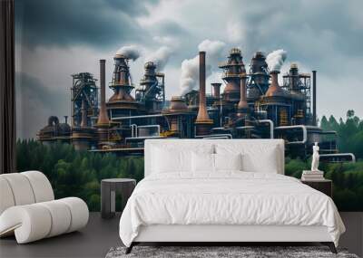 Harmonious blend of industry and nature with machinery set against a backdrop of lush forests and dramatic cloudy skies Wall mural