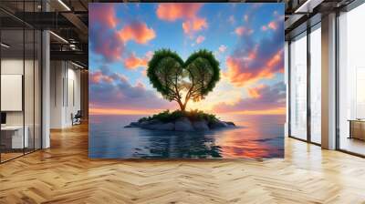 Heart-shaped tree on a secluded island surrounded by ocean under dramatic skies, embodying love and solitude Wall mural