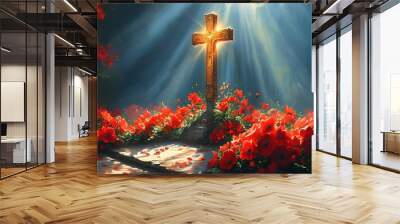 Illuminated cross in a serene worship space adorned with red flowers, embodying faith and spirituality Wall mural