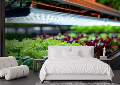 Indoor vertical farm showcasing healthy organic salad growth under ultraviolet plant lights Wall mural