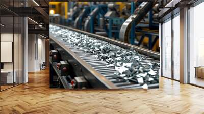 Industrial conveyor belt sorting metal fragments in a recycling facility showcasing efficient waste management and resource recovery Wall mural