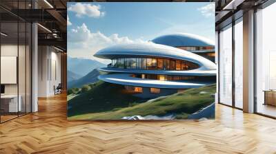 Innovative futuristic domed homes on a hillside with stunning mountain vistas and crisp blue skies Wall mural