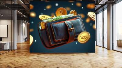 Innovative wallet concept with floating coins symbolizing the future of digital payments in a vibrant 3D illustration Wall mural