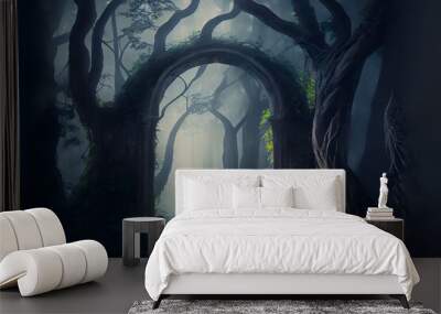 Into the deep woods, atmospheric landscape with an archway and ancient trees, misty and foggy mood Wall mural