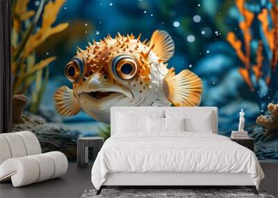 joyful baby puffer fish swimming in the sea, delightful nursery-themed papercraft illustration Wall mural