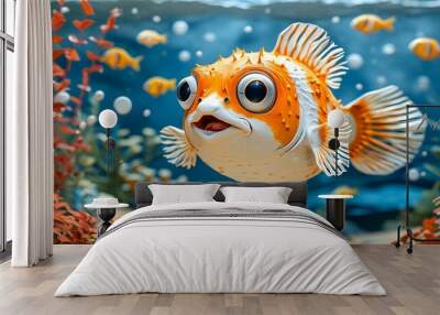 joyful baby puffer fish swimming in the sea, delightful nursery-themed papercraft illustration Wall mural