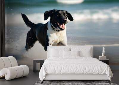 Joyful black and white Labrador running freely on a pristine beach, capturing the spirit of an active outdoor adventure. Wall mural