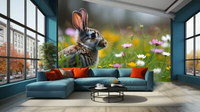 Joyful bunnies frolicking amidst a vibrant meadow filled with blooming spring flowers Wall mural