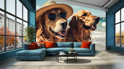 Joyful Golden Retriever in sunhat enjoying a sunny beach day, celebrating summer adventures with a beloved pet companion Wall mural