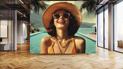 Joyful moments by the poolside in a luxury resort, blending contemporary art and retro aesthetics for a stylish summer vacation vibe Wall mural