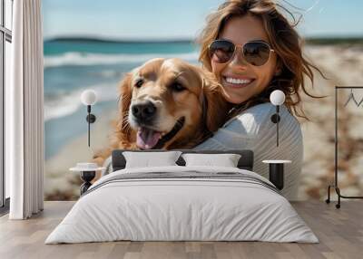 Joyful summer beach adventure with a woman and her Golden Retriever enjoying the sun and surf together Wall mural