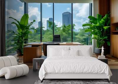 Luxurious modern office featuring large windows, wooden furniture, and lush greenery, creating an inspiring work environment with stunning city views. Wall mural