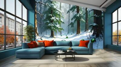 magical winter landscape with glittering snow, green trees, and festive decorations in a serene woods setting Wall mural