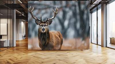 Majestic deer with antlers in a snowy meadow surrounded by a dreamy bokeh background Wall mural