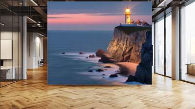 Majestic Historical Lighthouse Shining Brightly Over Rugged Coastal Cliffs at Dusk Wall mural