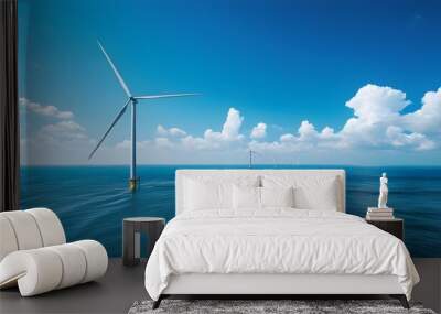 Majestic offshore wind farm harnessing natures energy amidst expansive blue waters and skies with elegant white turbines soaring elegantly Wall mural