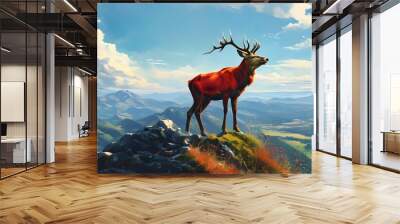 Majestic red stag surveying a stunning summer landscape from a scenic hilltop Wall mural