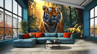 Majestic tiger gazing through the jungle, illuminated by radiant sunlight Wall mural