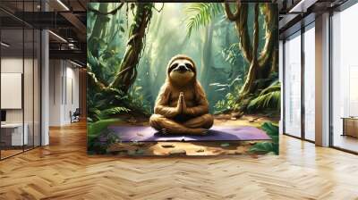 mindful yoga session with a gentle sloth instructor in a vibrant jungle surrounded by lush greenery Wall mural