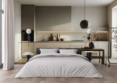 Minimalist East European kitchen design featuring upper cabinets and furniture illuminated by natural light Wall mural