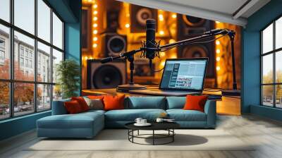 Modern podcast studio featuring a microphone, laptop, and professional lighting setup Wall mural