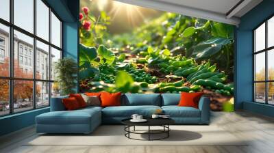 Morning sunlight illuminating fresh green beans and broad leaves in a vibrant garden, celebrating organic farming and sustainable agriculture through digital artistry. Wall mural