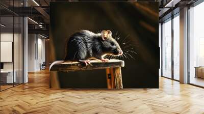 Mysterious rat navigating a wooden ladder in an attic, bathed in dramatic natural light, evoking an intriguing and atmospheric scene Wall mural