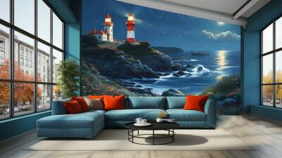 Nighttime Beacon Illuminating Dramatic Coastal Landscape with Lighthouse and Starry Skies Wall mural