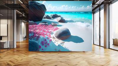 On the pink beach of romantic Maldives, there are many light blue and white crystal clear luminous stones, some pink roses, warm sunshine, white waves, and luminous creatures Wall mural