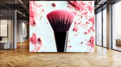 Pink blush powder scattered around a makeup brush on a clean white background, showcasing vibrant beauty essentials Wall mural