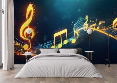 Radiant Abstract Composition of Glowing Musical Notes and Dynamic Light Trails for Music, Entertainment, and Technology Themes Wall mural