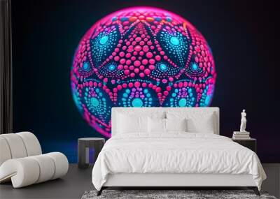 Radiant neon sphere adorned with intricate dot patterns, glowing in shades of pink, blue, and purple against a dark backdrop Wall mural