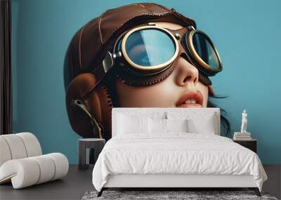 Retro pin-up portrait of a beautiful young woman in aviator goggles against a blue background, embracing vintage fashion and steampunk style for Womens Day celebration Wall mural