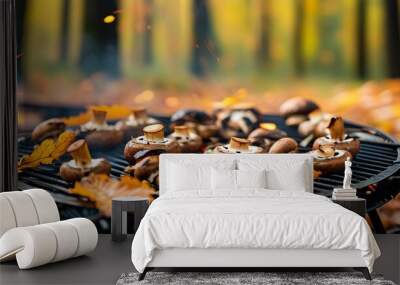 Roasting mushrooms on a grill amid autumn foliage, celebrating outdoor cooking and the essence of vegetarian barbecue in a serene forest setting Wall mural