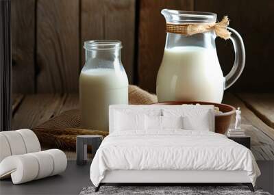 Rustic wooden table featuring a jug of milk and bowl of cereal amidst a serene rural landscape Wall mural