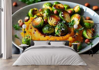 Savory platter of caramelized cabbage on pumpkin puree topped with roasted Brussels sprouts and crunchy hazelnuts Wall mural