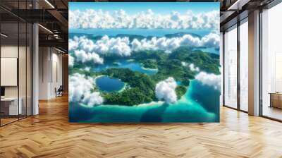 Scenic aerial panorama of a remote island surrounded by lush greenery and blue sea under a clear sky, showcasing the beauty of natures untouched landscapes Wall mural