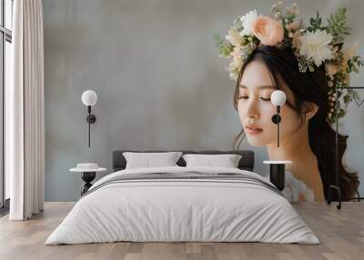 Serene Asian beauty adorned with floral headpiece amidst nature, embodying elegance and femininity, perfect for bridal inspiration and tranquility Wall mural