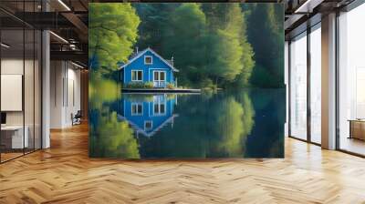 serene blue cabin by tranquil lake with lush greenery reflecting in calm water, embodying peace and tranquility in nature Wall mural