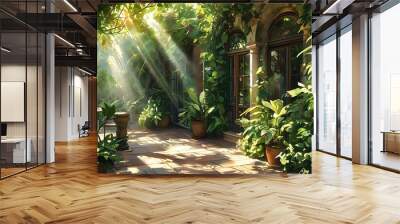 Serene courtyard bathed in sunlight, surrounded by lush greenery and foliage, providing a tranquil retreat for relaxation Wall mural