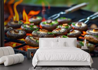 Sizzling Grilled Mushrooms on a Barbecue Grill Amidst Flames for an Outdoor Cooking Experience at a Summer Picnic Wall mural