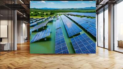 Solar panels absorbing clean energy beneath a pristine blue sky, emphasizing sustainability and renewable energy advancements. Wall mural