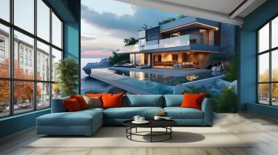 Stunning contemporary luxury home with breathtaking ocean view in a clean and modern design Wall mural